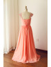 Beaded Cap Sleeves Coral Chiffon Corset Back Bridesmaid Dress